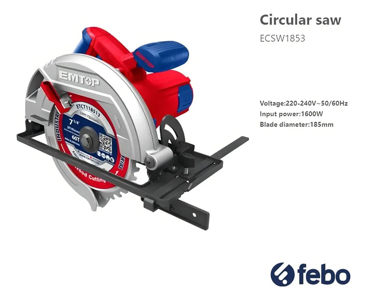 Sierra Circular Electrica Emtop Profesional 1600rpm + Hoja Color Azul Y Rojo Azul/rojo - Imagen 2