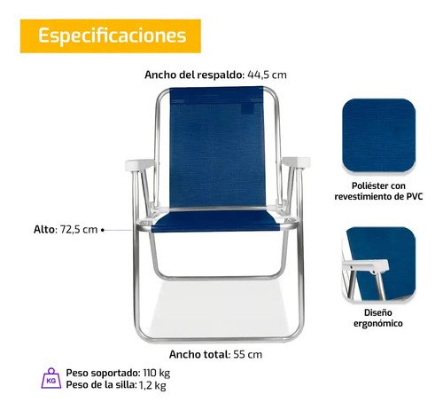 Silla Alta Aluminio Reposera Mor 110 Kg Plegable Sannet Color Azul Marino Azul Oscuro - Imagen 9