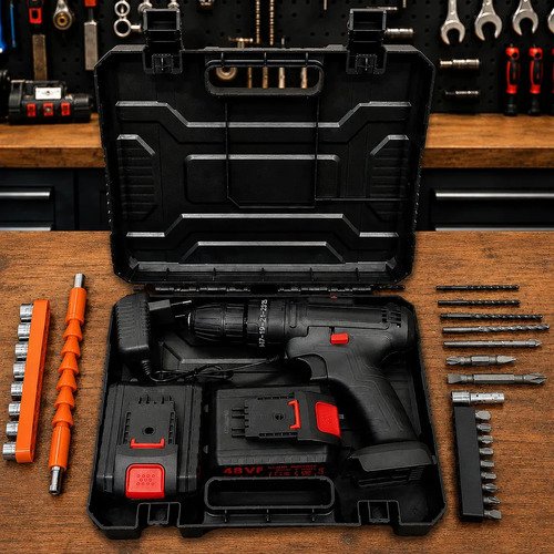 Taladro Percutor Atornillador + 2 Baterías Inalámbrico Negro