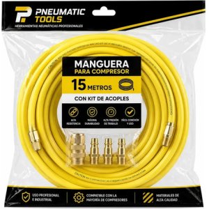 Manguera Neumática Compresor Reforzada 15 Metros + Acoples Amarillo