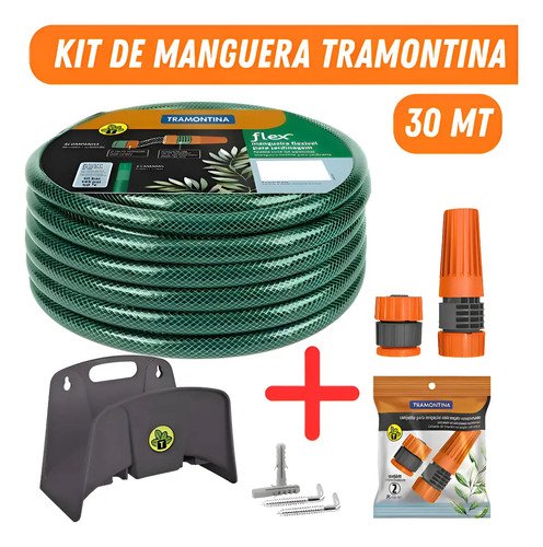 Kit Manguera Malla 30mt C/soporte Puntero Riego Tramontina Verde Claro