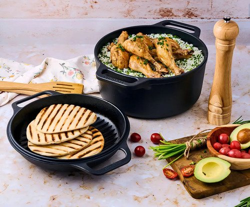 Olla Hierro Fundido Curado Tapa Doble Uso 5,7 Lt Victoria Negro - Imagen 5