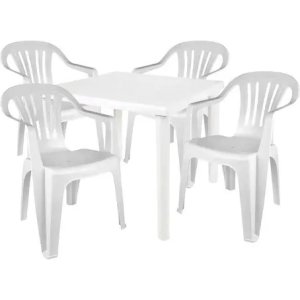 Mesa Cuadrada Y 4 Sillones De Plástico De Hasta 140 Kg Blanco