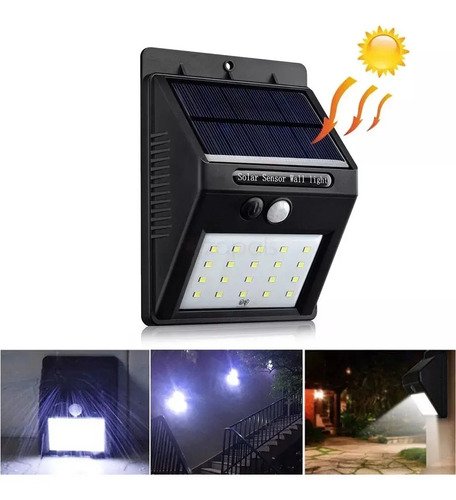 Lampara Solar Foco Potente 20 Led - Sensor Celula Luz Farol Negro - Imagen 6