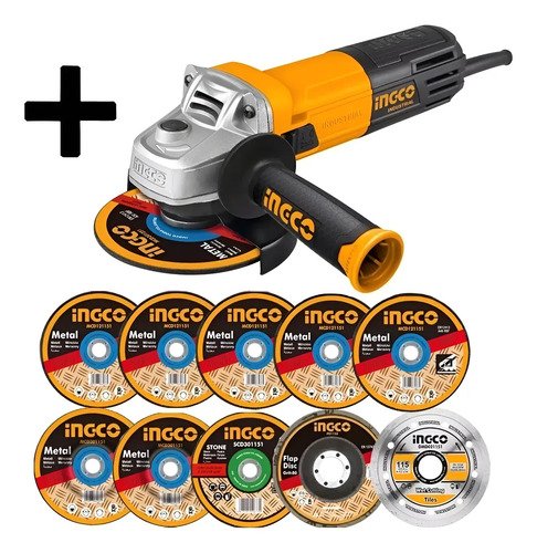 Kit Amoladora Ingco Industrial 950w +10 Discos + Lentes Tyt Amarillo 50hz