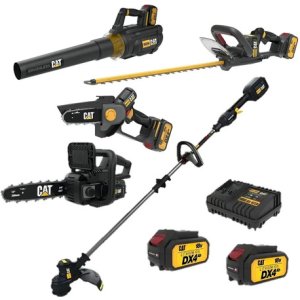 Kit De Herramientas Eléctricas Cat Con Bordeadora, Sopladora, Corta Cerco, Motosierra Y Mini Motosierra, Incluye 2 Baterías Y Cargador