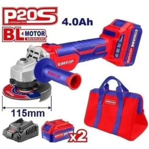 Amoladora De 4 1/2 Emtop 2 Baterias 1 Cargador Y Bolso K Rojo