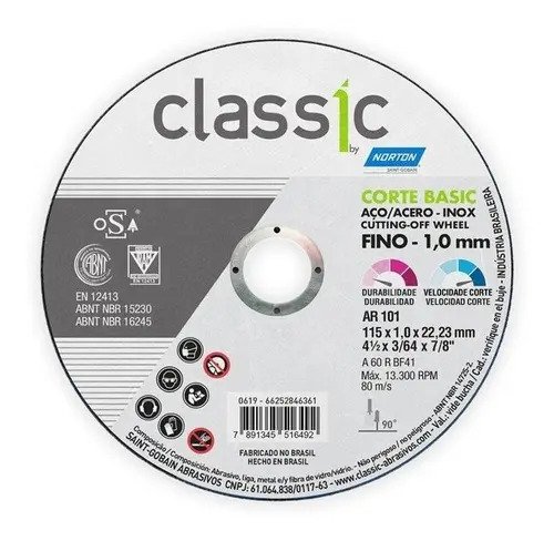 Disco De Corte 115 X 1 Mm 10 Uni Metales Norton P/ Amoladora Negro