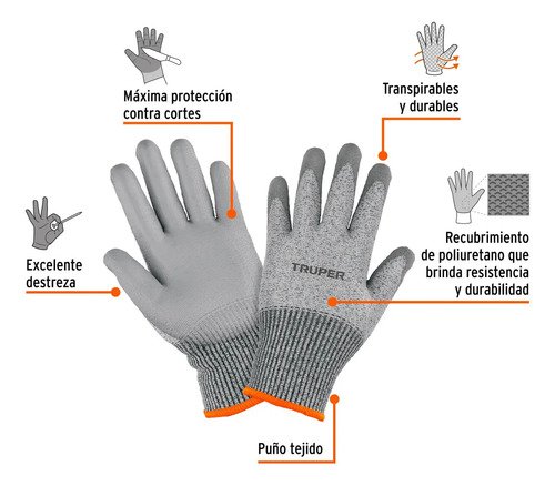 Guante Anticorte Nv5 Recubrimiento De Poliuretano, G, Truper - Naranja Gris - Imagen 2