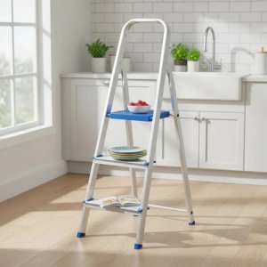 Escalera Aluminio 3 Escalones Mor Plegable Color Plateado/azul