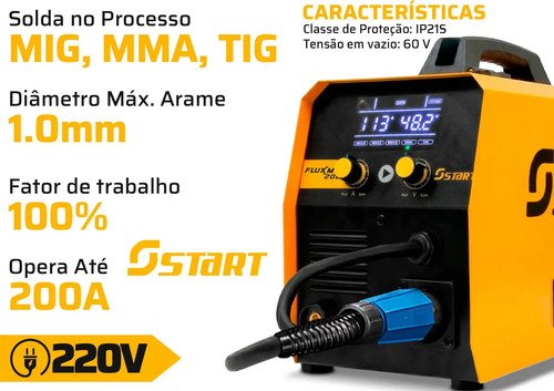Máquina Inversora De Soldadura Sinérgica Start Flux Mig 200a 3 En 1 Mig Tig Mma Con Antorcha De Gas, Rímel, Alambre Y Accesorios Amarillo - Imagen 6