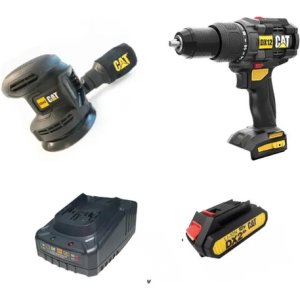 Taladro Cat Caterpillar + Lijadora Con Cargador Batería 2ah Amarillo