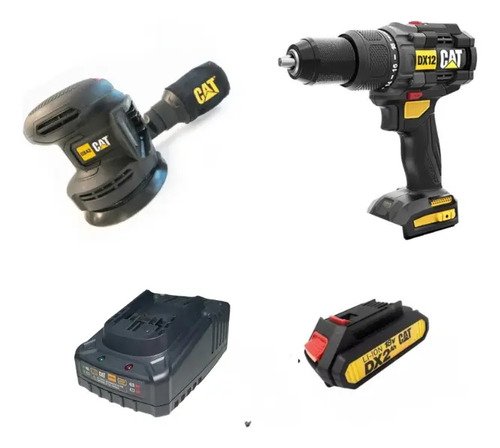 Taladro Cat Caterpillar + Lijadora Con Cargador Batería 2ah Amarillo