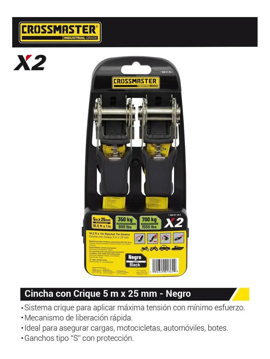 Cincha Cinta Con Crique 2 Un 5mx25mm 700 Kg Crossmaster Color Negro - Imagen 3
