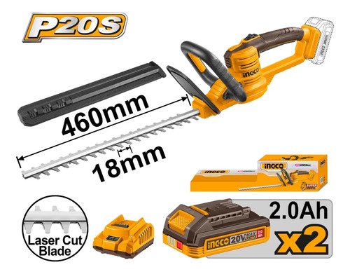 Corta Cerco 20v 2 Baterias 2.0ah Y Cargador Ingco Chtli20462 Amarillo - Imagen 2