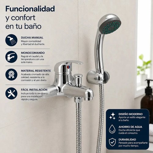 Monocomando Ducha Rimontti Plateado Con Teléfono De Pared Cromado - Imagen 3