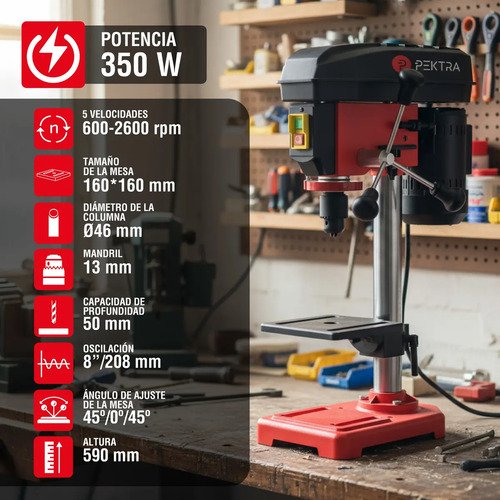 Taladro De Banco Pektra Mandril 13mm 350w 5v Agujereadora Color Negro - Imagen 3
