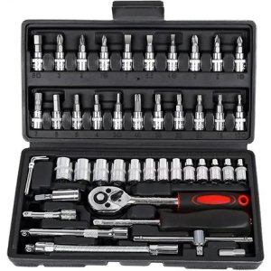 Caja De Herramientas Univex 46 Piezas Set Llave Tubo Criquet Negro