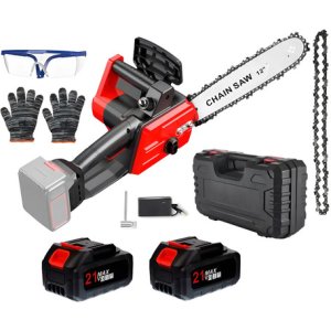 Mini Motosierra 12p Maletín 2 Baterías 2 Cadenas Espada Color Negro Con Rojo