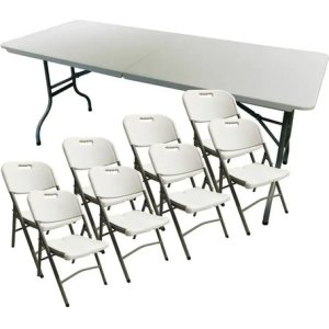Juego Jardin Mesa Plegable 1,80 + 8 Sillas Plegables Camping Blanco