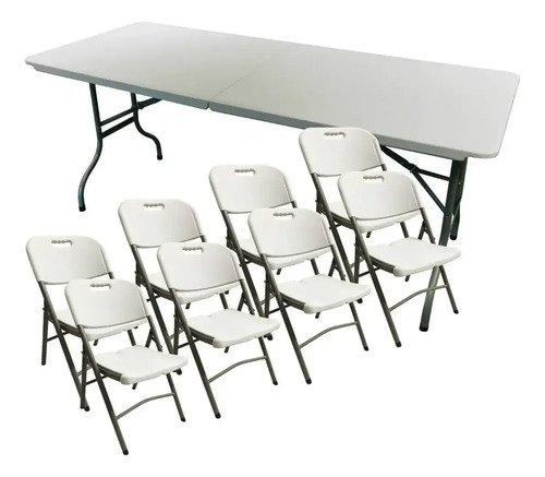Juego Jardin Mesa Plegable 1,80 + 8 Sillas Plegables Camping Blanco