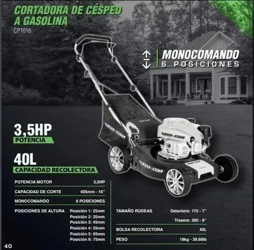 Cortadora Cesped Gasolina 40 Lts 3 Hp Black&white - 6 Pos. Negro - Imagen 3