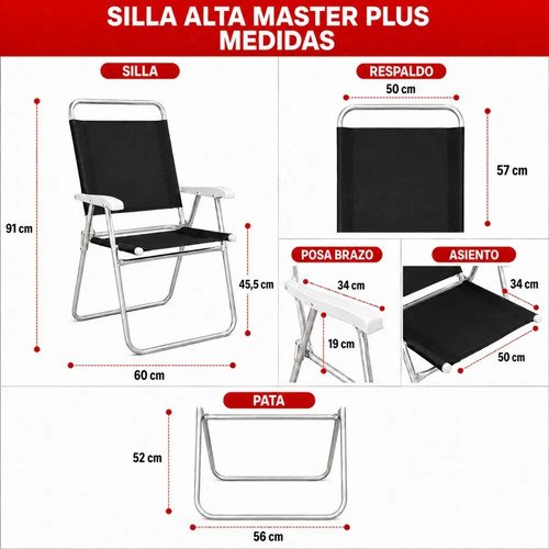 Silla Alta Aluminio Set X2 Playa Reforzada Master Plus Mor Color Negro - Imagen 3