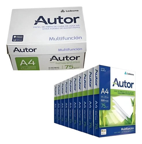 Resmas De Papel A4 Autor Multifuncion 75 Gr 500 H Caja X 10u Blanco