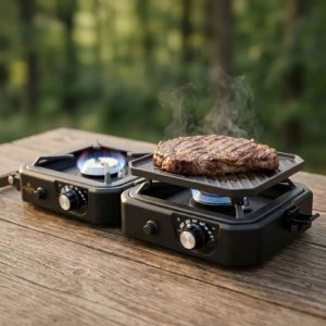 Anafe Doble Driven Portatil Plegable A Gas Camping Negro