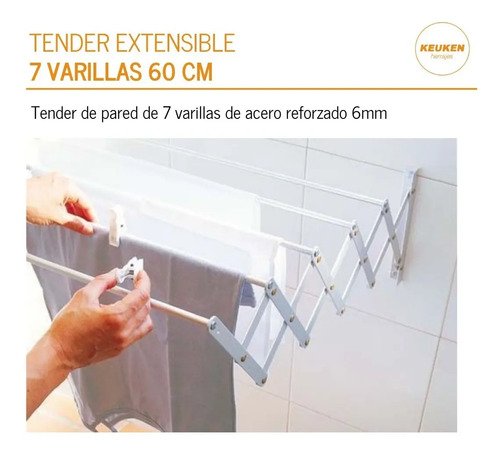 Tender Ropa De Pared Extensible 60cm 7 Varillas Reforzado Color Blanco - Imagen 4