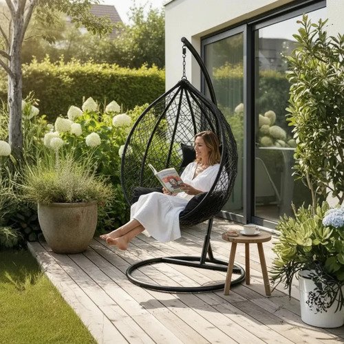 Hamaca Nido Colgante Estructura Metalica Jardín Terraza Lcm Negro Nido - Imagen 9