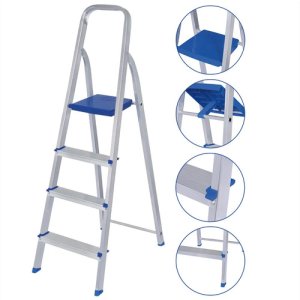 Escalera Doméstica Plegable Mor De Aluminio Con 4 Escalones Y 1.41 M Plateado Y Azul