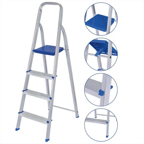 Escalera Doméstica Plegable Mor De Aluminio Con 4 Escalones Y 1.41 M Plateado Y Azul