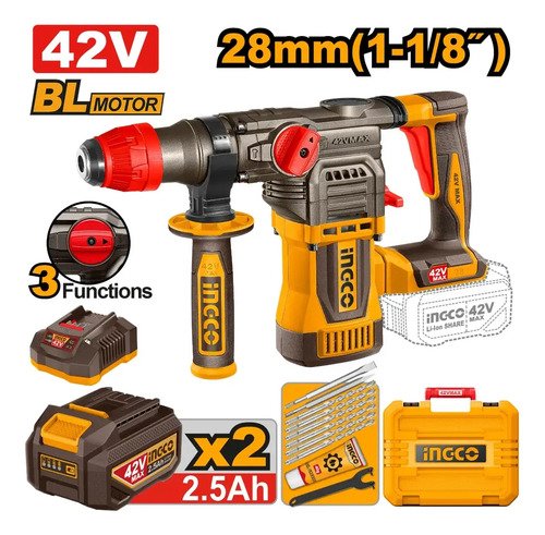 Rotomartillo 42v 28mm 1-1/8 4.5j Acc Ingco Crhli422882 Amarillo 50 - Imagen 2