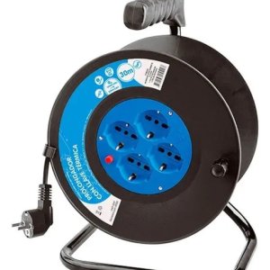 Alargue Electraline 30m Enrollador 4 Schuko 16a Protección Sobrecarga Negro