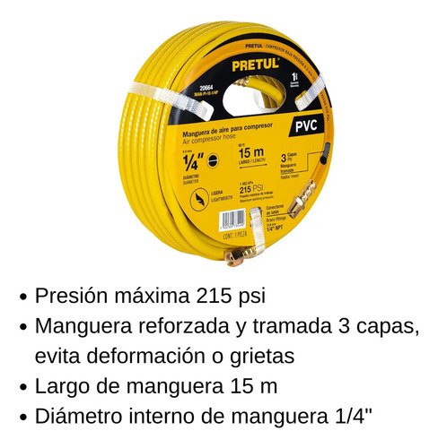 Manguera De Pvc Para Compresor, 15 M X 1/4 , Pretul 20664 Color Amarillo - Imagen 3