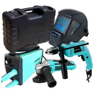 Kit Soldadora 200 Amp. Taladro Perc. Amoladora Careta Energy Celeste