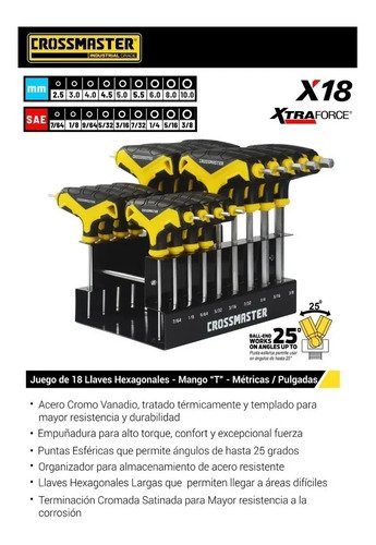 Juego 18 Llaves Mango T Hexag Métr-puLG Crossmaster Calidad - Imagen 2
