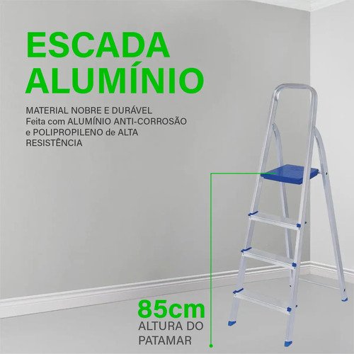 Escalera Doméstica Plegable Mor De Aluminio Con 4 Escalones Y 1.41 M Plateado Y Azul - Imagen 5